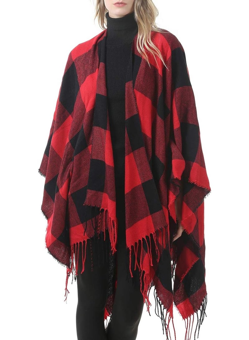 Zando Womens Tassel Plaid Shawls Printed Tartan Plaid Poncho Cape for Women Calssic Large Scarf Soft Blanket Shawls for Women Buffalo Red One Size - Image 2